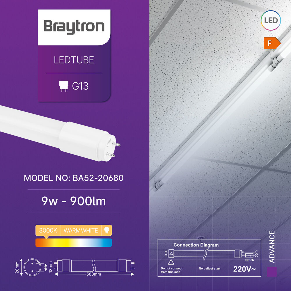 BRY-ADVANCE-9W-G13-SG-T8-GLS-3000K-LED TUBE - 3