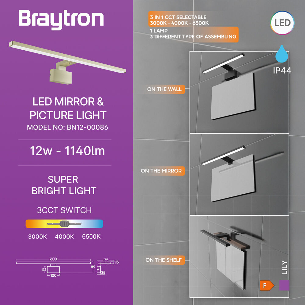 BRY-LILY-A-600-12W-3IN1-GLD-IP44 MIRROR LAMP - 3