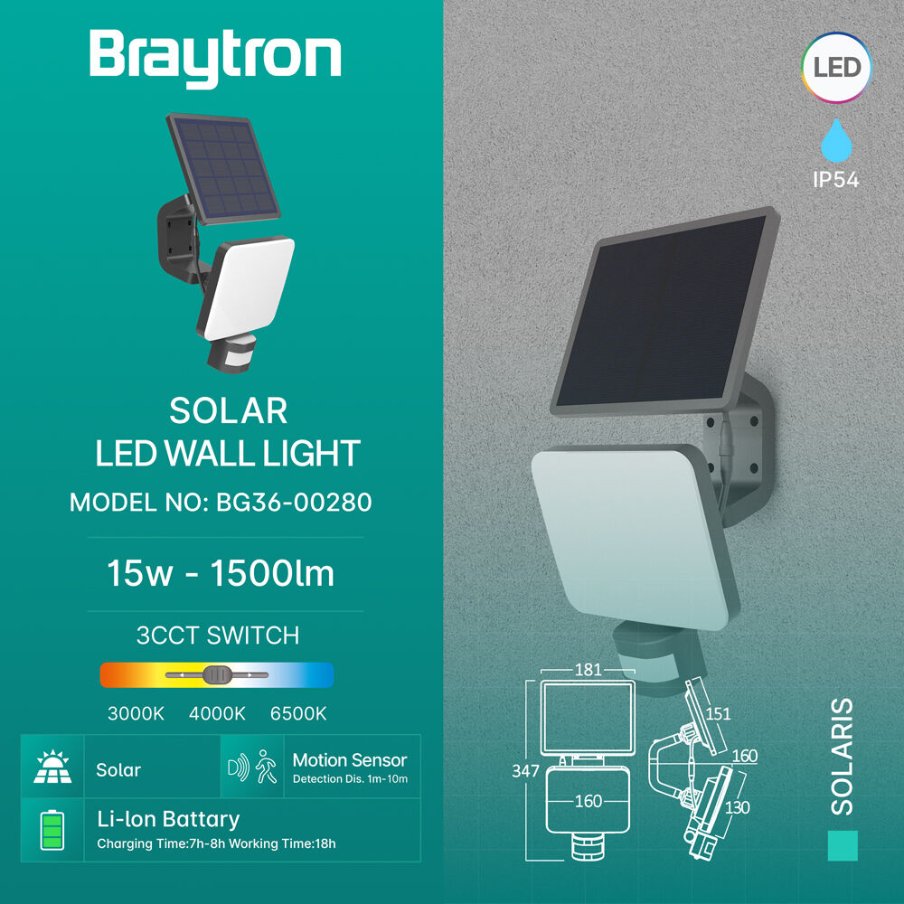 BRY-SOLARIS-W2-BLC-15W-3IN1-IP54-SOLAR WALL LIGHT - 3