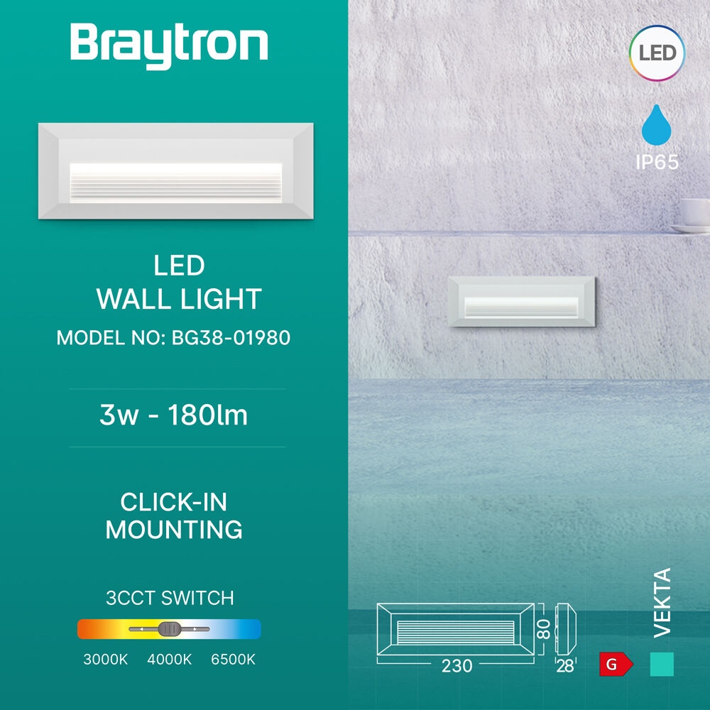 BRY-VEKTA-B-RCT-WHT-3W-3IN1-IP65-WALL LIGHT - 3