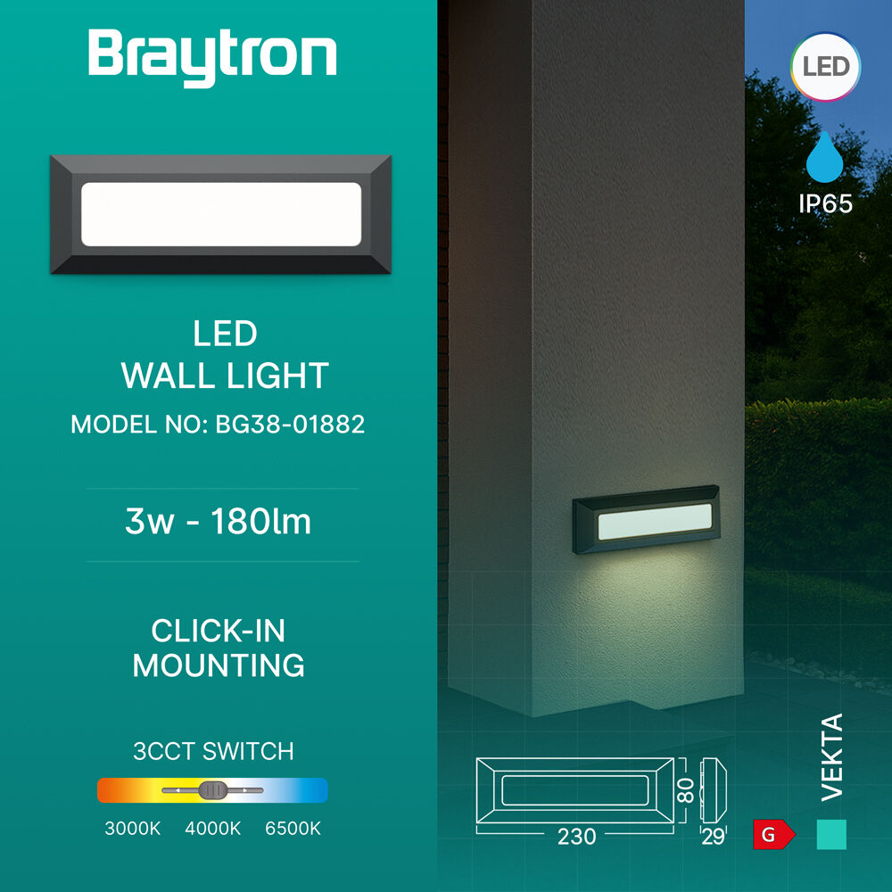 BRY-VEKTA-B-RCT-GRY-3W-3IN1-IP65-WALL LIGHT - 3